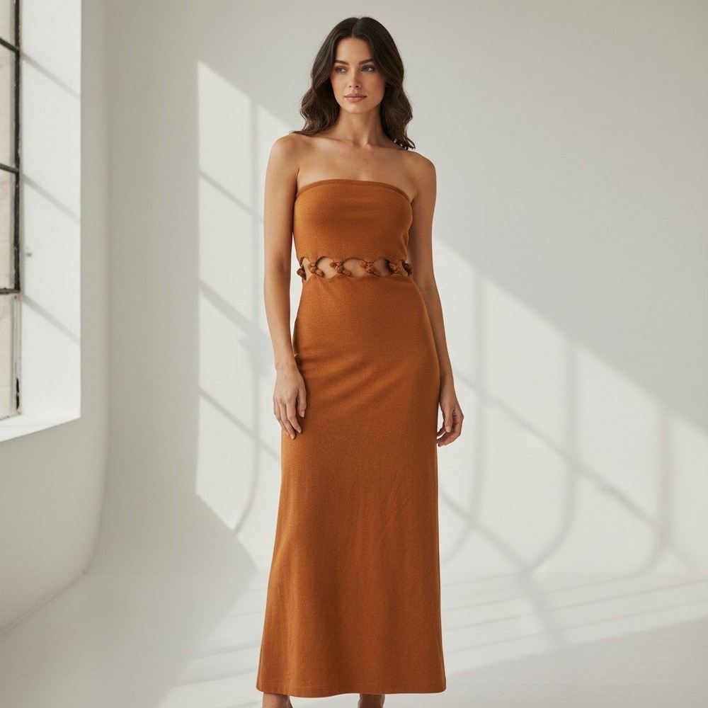 Third Form Womens Strapless Cutout Waist Knot Detail Midi Dress Rust Orange US 4